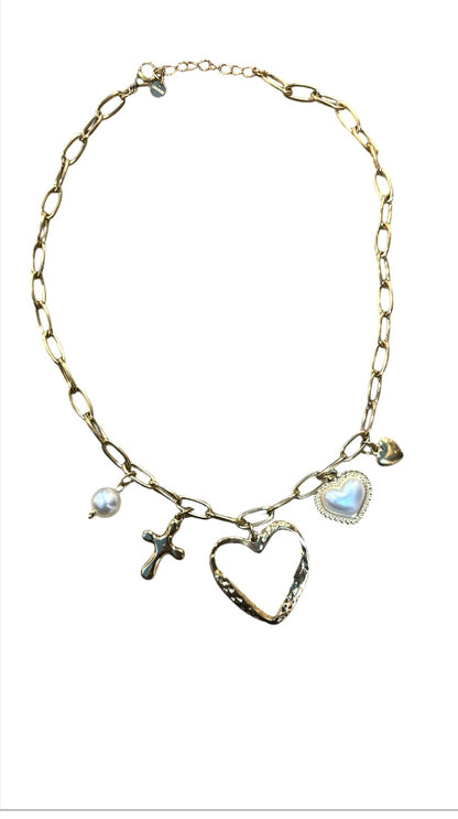 Pearl heart/pearl medallion charm necklace