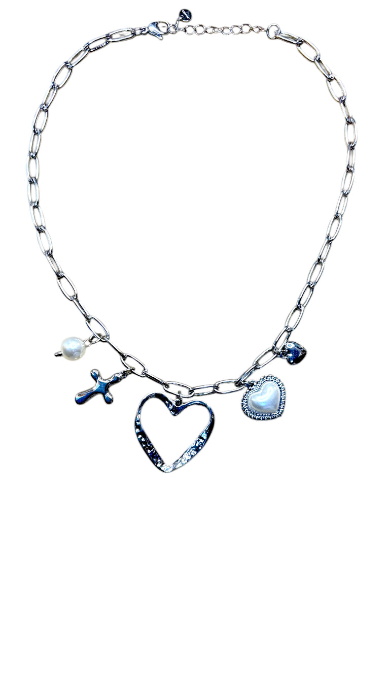 Pearl heart/pearl medallion charm necklace